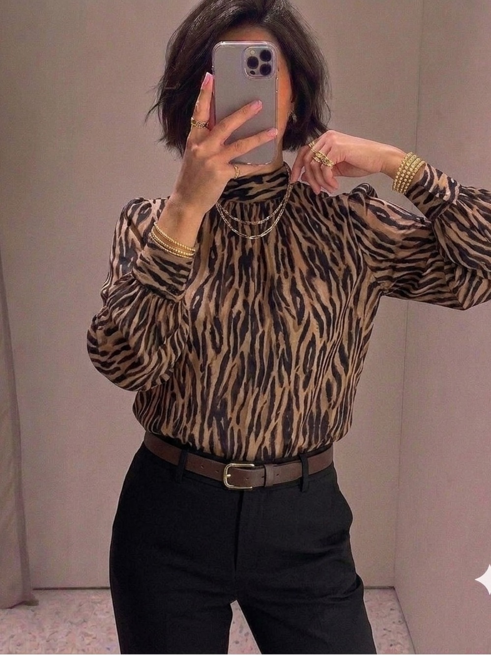 H&M Brown and Black Animal Print Mock Neck Blouse